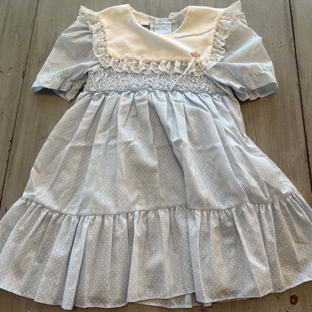 Polly Flinders Blue Polka Dot Bib Collar Dress Sz 4 Lace Cottage Victorian 90s
